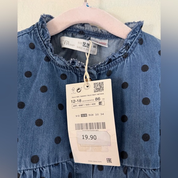 ZARA Baby Girl Blue Chambray Polka Dotted Denim Dress NWT size 12-18M - Picture 5 of 6